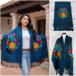Mexican Zinacantan Flower Embroidered Shawl Wrap